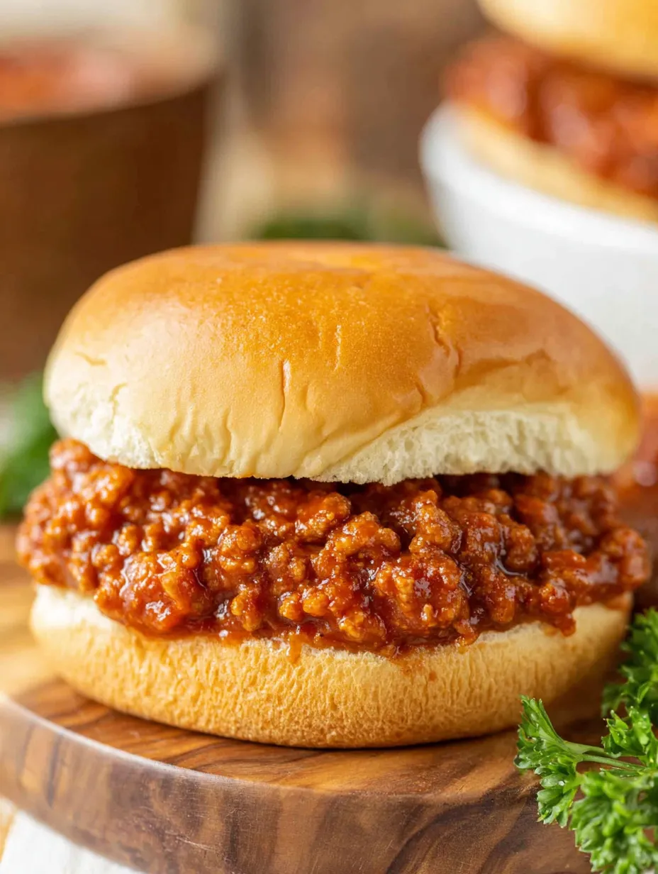 A saucy sandwich on a wooden block.