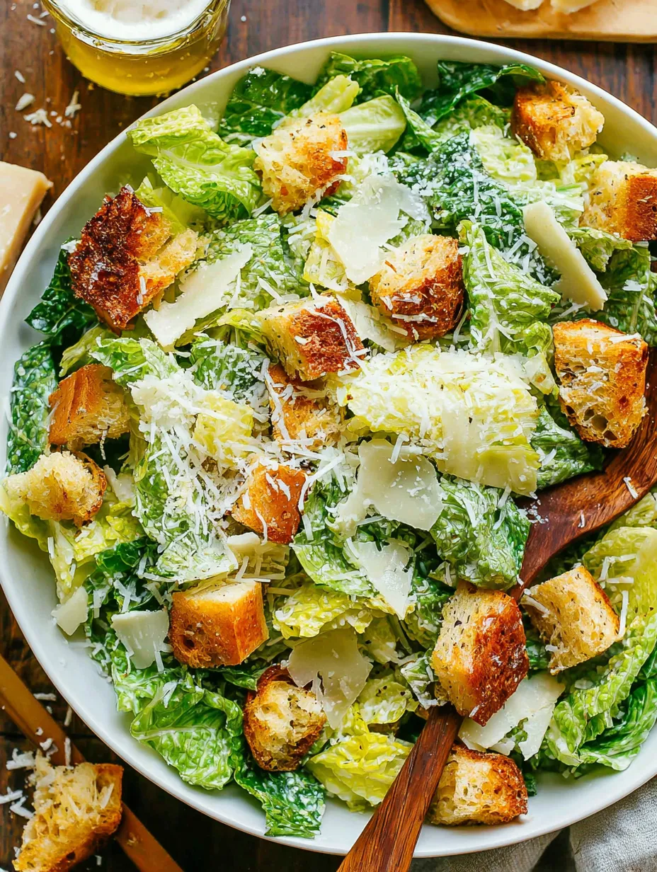 A big bowl filled with fresh lettuce, parmesan, and toasted bread pieces.