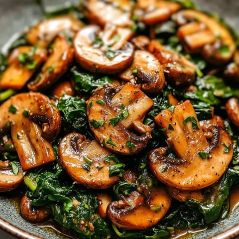 A bowl filled with mushrooms and spinach topped with parsley, captured up close.