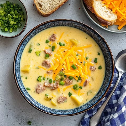 A bowl of creamy soup topped with shredded cheese and green onions, served with bread slices and a small side of chopped green onions.