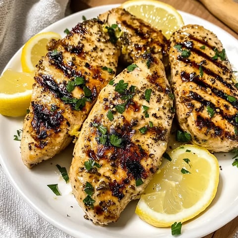 Juicy grilled chicken with parsley and lemon wedges.