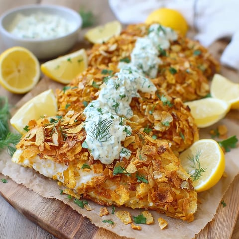 A piece of fish with fries and creamy dip on a wooden board.