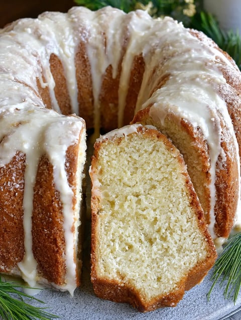 A slice of cake with a white glaze on top.