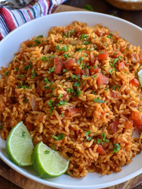 A white plate with rice mixed with tomatoes, onions, and lime wedges.